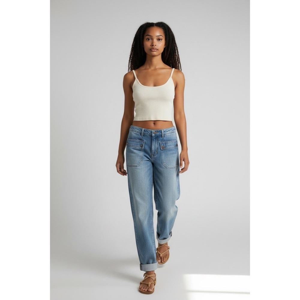 Free People Rory Slim Straight Jeans Seamed Button Pockets Tab Cuff Hems 28 NWOT